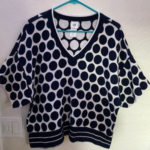 Cabi navy blue polka dot v neck pullover sweater with 3/4 length sleeves